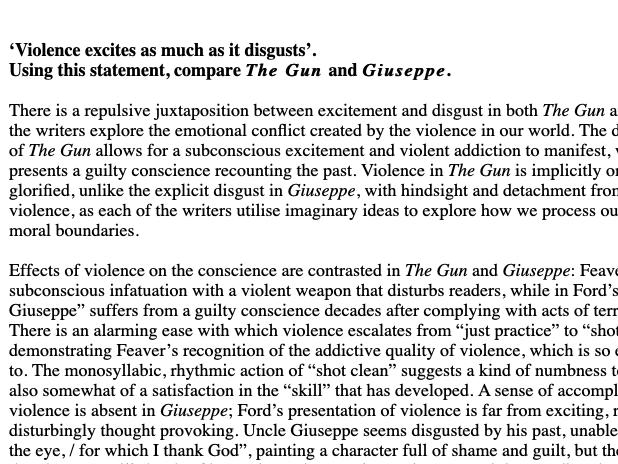 A* 39/40 Essay for Modern Poetry A Level - Violence in "Giuseppe" and "The Gun"