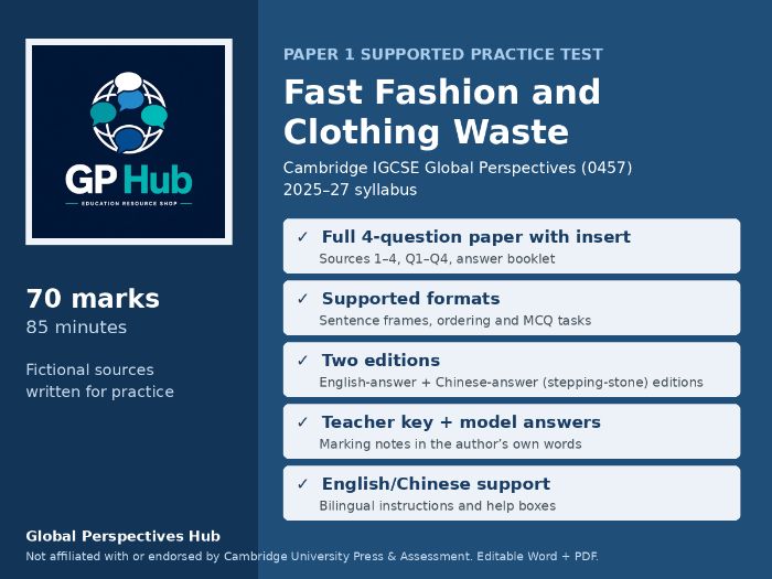 IGCSE Global Perspectives 0457 Paper 1 Supported Practice: Fast Fashion (English/Chinese support)
