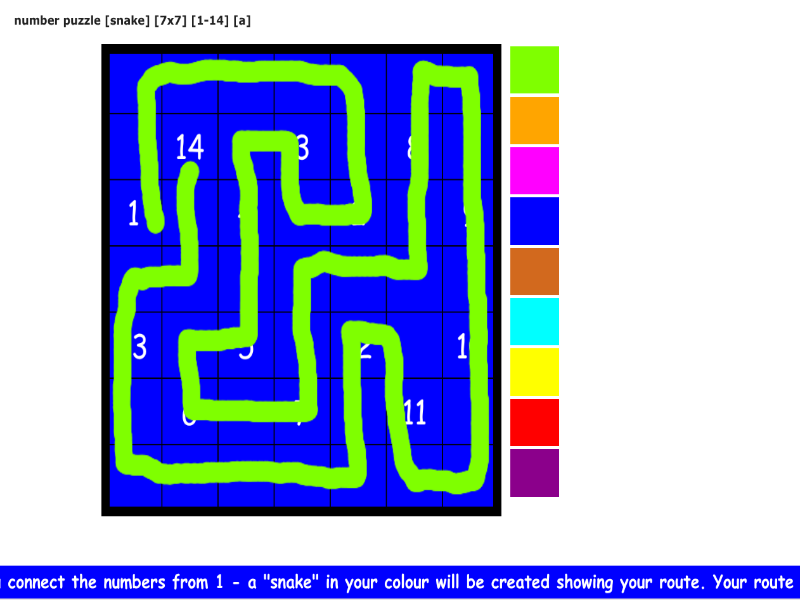 number puzzles [snake] [7x7 grid] [1-14] [a]