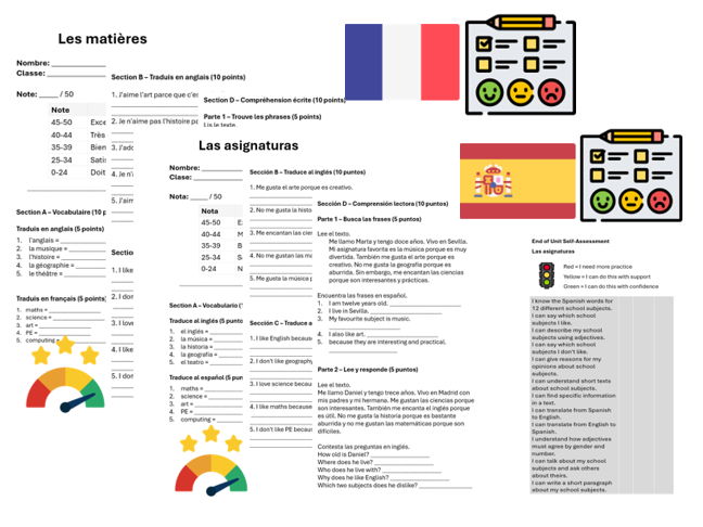 School Subjects (French & Spanish) – Assessment, Mark Scheme & Self Assessment