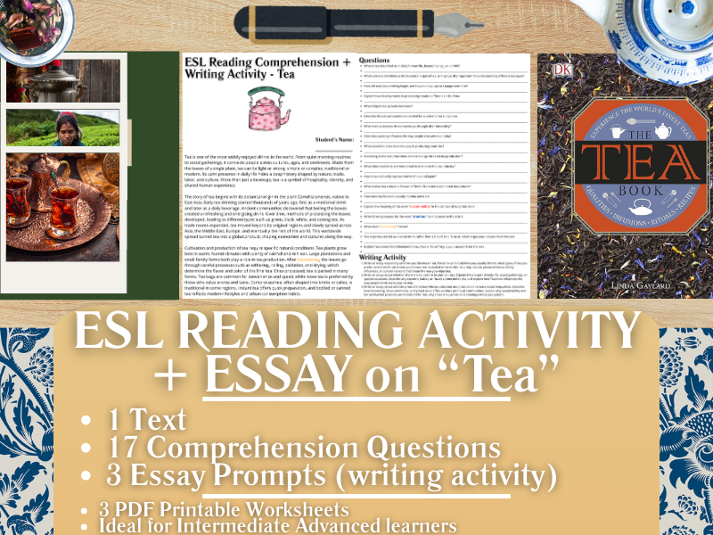 ESL Reading Comprehension + Writing Activity Worksheets on "Tea"