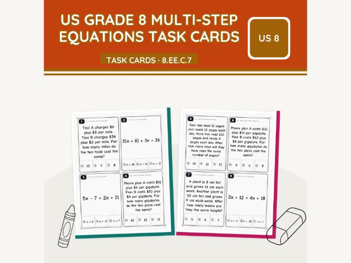 US Grade 8 Equations Task Cards | 13 Sheets