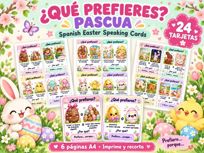 Spanish Easter Speaking Cards | ¿Qué prefieres? | 24 Would You Rather Cards