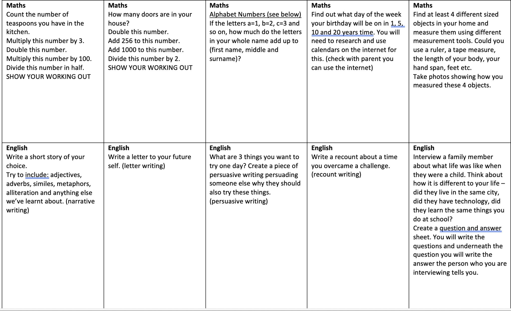 Primary Maths and English Homework or Fast Finisher Activities