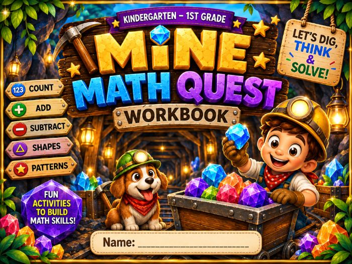 Mine Math Quest Workbook | Kindergarten & 1st Grade Math Activities, Addition, Subtraction & More