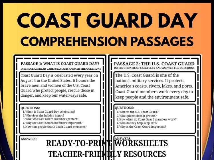 Coast Guard Day Reading Comprehension | 20 Passages, Questions & Answers | Grades 2–8