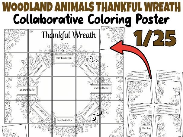 Woodland Animals Thankful Wreath Collaborative Coloring Poster | Fall Activity