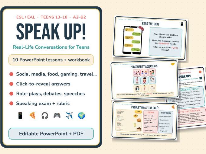Speak Up! ESL Speaking Pack for Teens: 10 PowerPoint Lessons + Workbook (A2–B2)