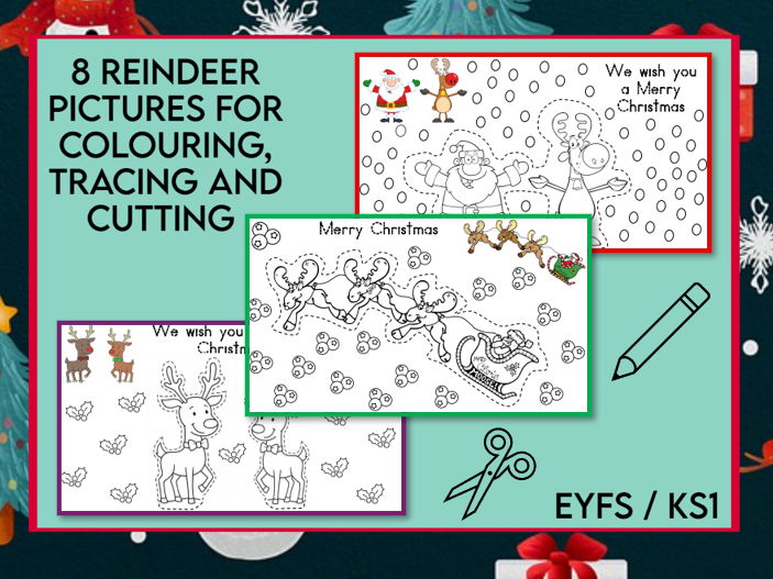 8 Reindeer Pictures to Colour Trace Cut