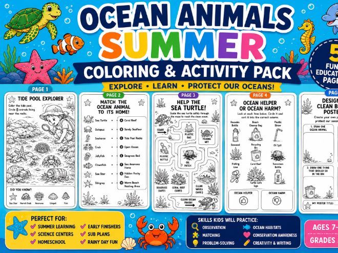 Ocean Animals Summer Coloring Pages and Activities | Under the Sea Worksheets (Grade 1-4)