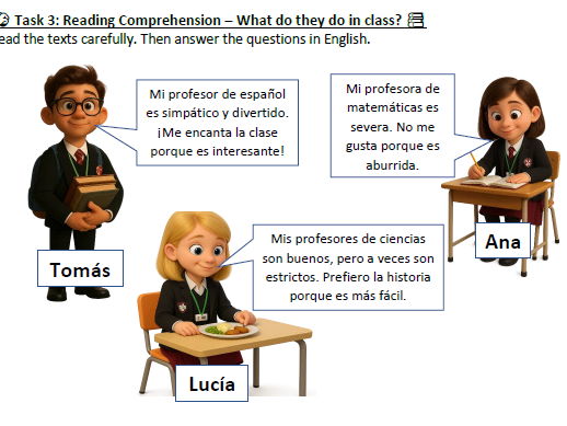 Year 7 Spanish – Mira 1, Unit 2, Chapter 3: Los profesores | Worksheet + Teacher Answers