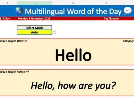 Multilingual Word of the Day for Language & EAL Classrooms - Excel dashboard