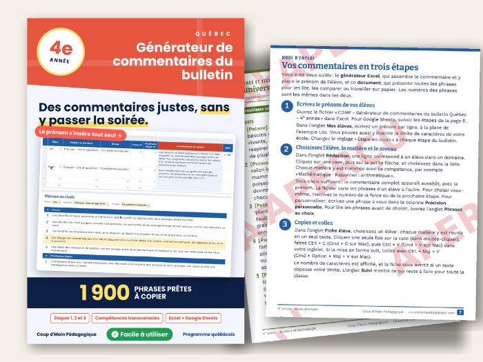 French Report Card Comments Québec Grade 4 | Commentaires bulletin 4e année
