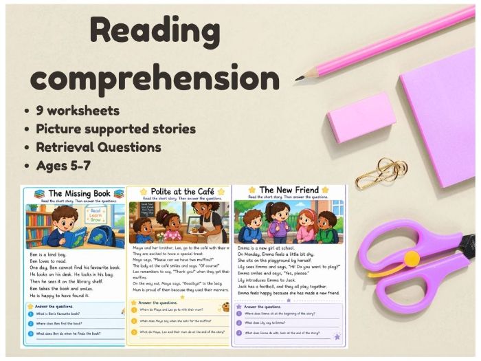9 Reading Comprehension Worksheets with Retrieval Questions Ages 5–7