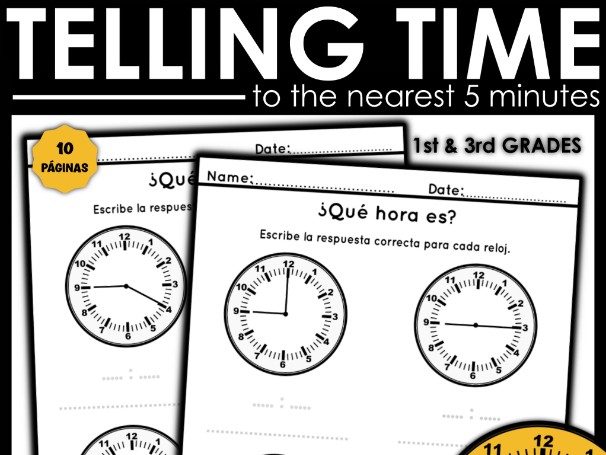 Telling Time to the Nearest 5 Minutes in Spanish | La Hora Worksheets | KS1 KS2