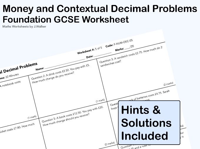 GCSE Maths Worksheet: Money and Contextual Decimal Problems - Foundation Tier