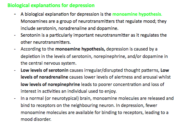 Edexcel A Level Psychology- Biological&Non-biological explainations for depression