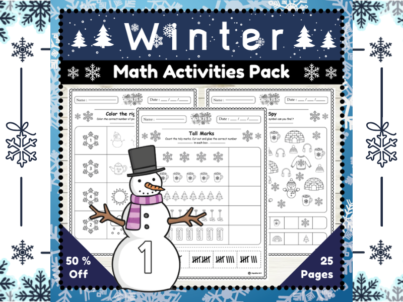 Winter Themed Math Activities Pack : No Time for Prep Printables for K-2 Grades