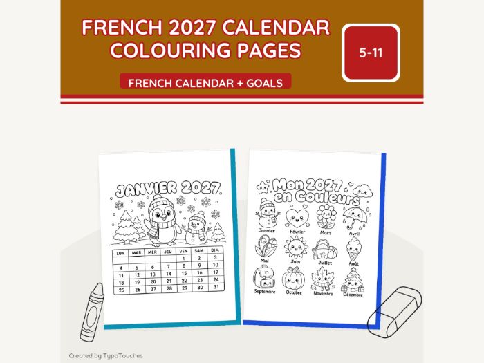 French 2027 Calendar Colouring Pages | 26 pp