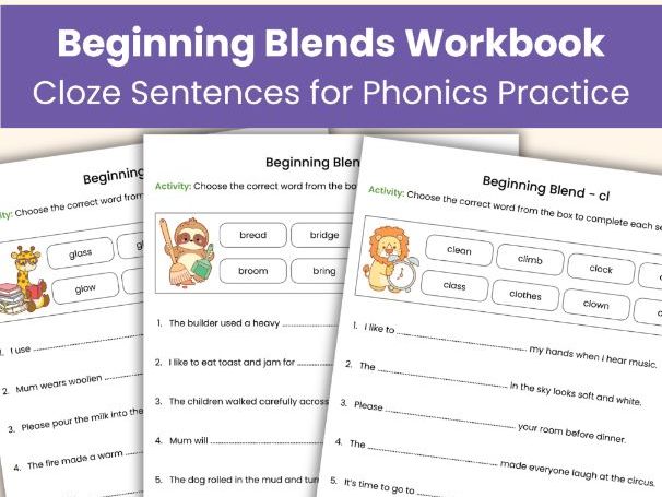 Beginning Blends Cloze Sentences Workbook – Phonics Practice Worksheets for Kids Aged 5-7