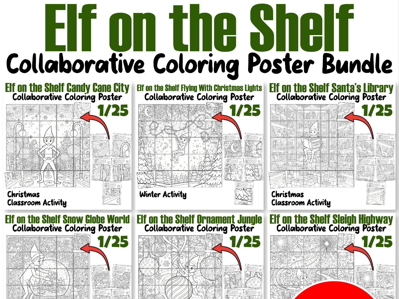 Elf on the Shelf Collaborative Poster Bundle | Christmas Classroom Coloring Set