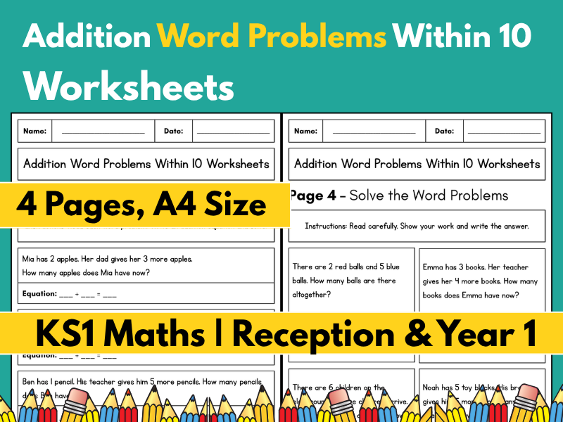Addition Word Problems Within 10 Worksheets | KS1 Maths | Reception & Year 1