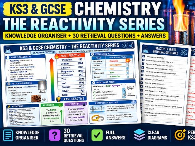 Reactivity Series | KS3 & GCSE Chemistry | Knowledge Organiser + 30 Retrieval Questions & Answers