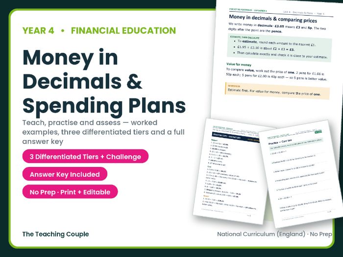 Year 4 Money: Decimals & Spending Plans | KS2 Maths (No-Prep)