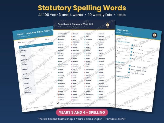 Year 3 and 4 Statutory Spelling Words Pack - All 100 Words, Weekly Lists and Tests