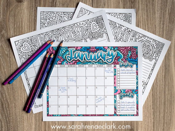 Printable 2017 Calendar Coloring Pages | A page for every month with goals and tasks lists