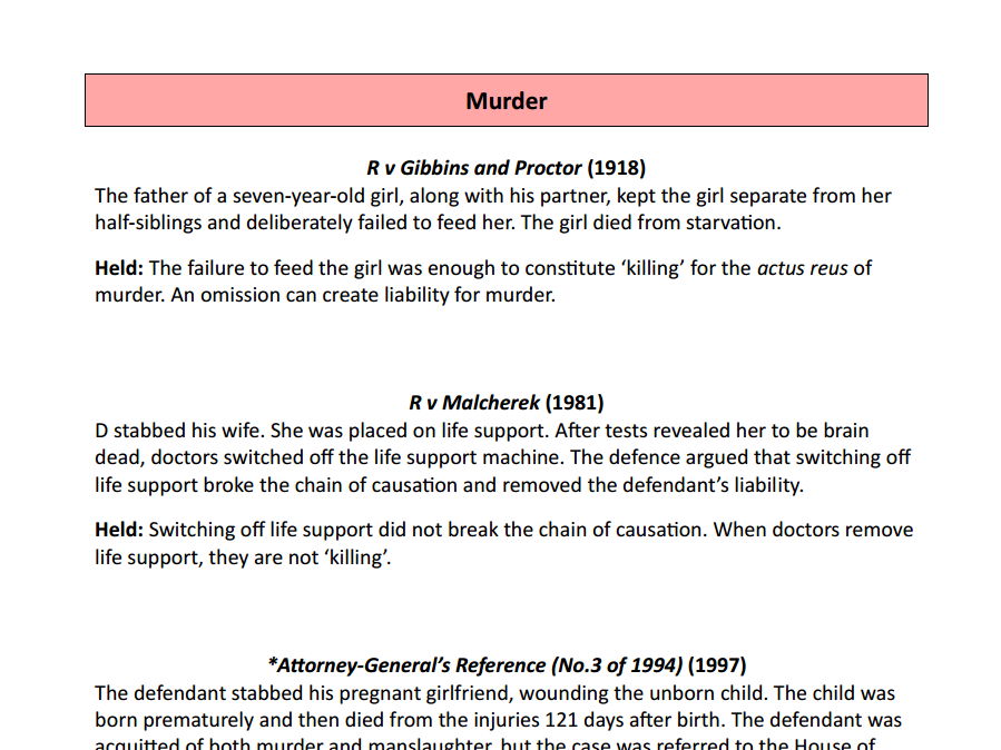Fatal offences - case and statute list for AQA A-level law
