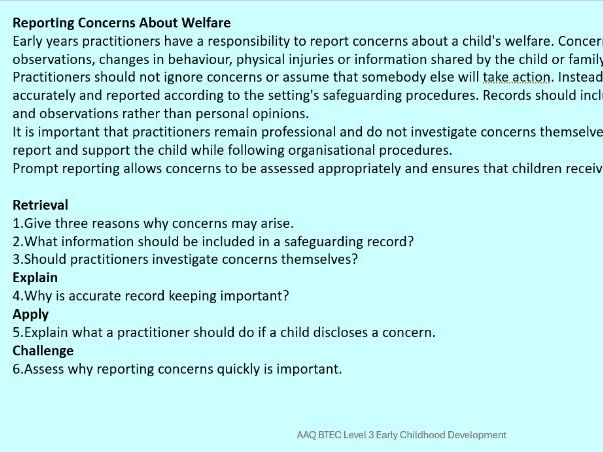 AAQ ECD Activity Pack Unit 2: Keeping Children Safe Learning Aim A Comprehensionion