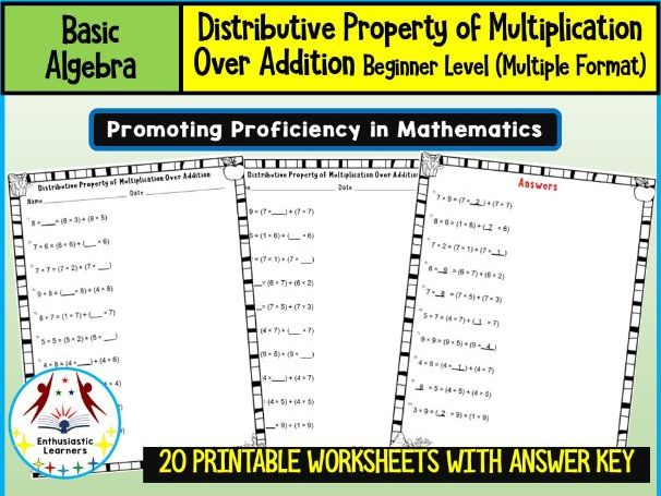 Beginner Level Distributive Property of Multiplication over Addition Worksheets Math Problems