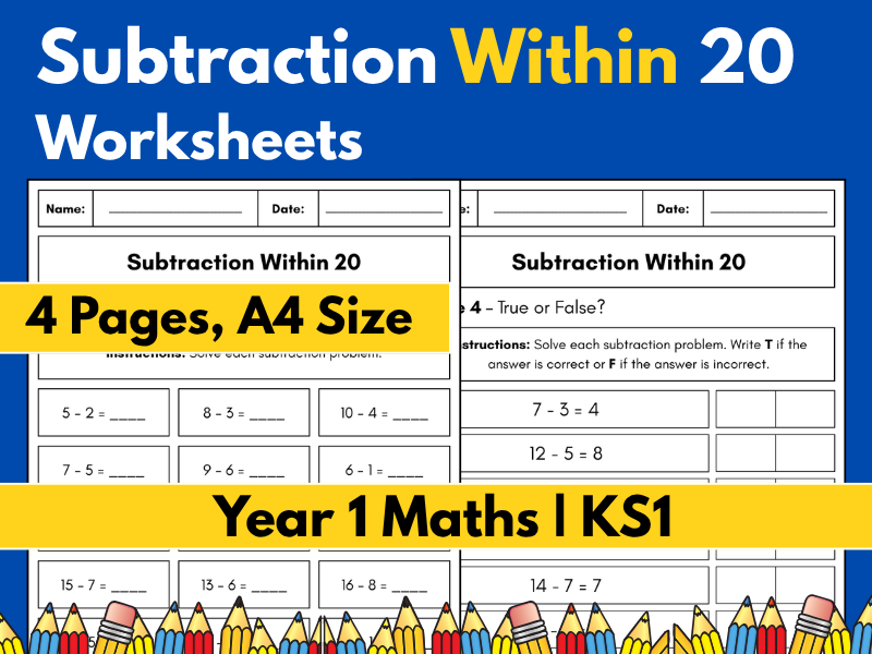 Subtraction Within 20 Worksheets | Year 1 Maths | KS1