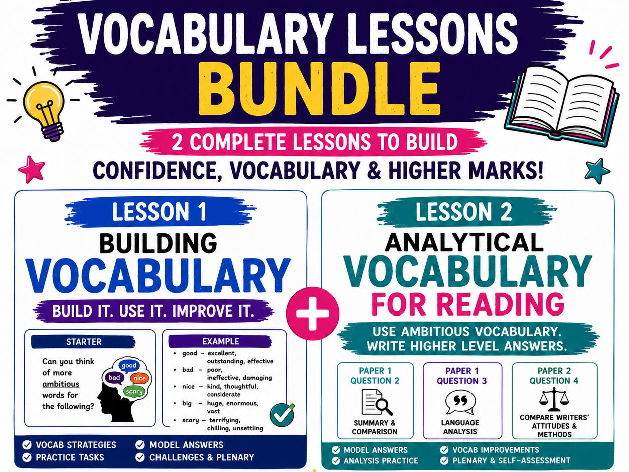 GCSE English Language Vocabulary Lessons Bundle | Complete Reading & Analytical Vocabulary Unit | Post-16, Resit & KS4