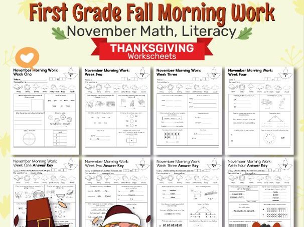First Grade Autumn Morning Work | November Math, Literacy & Thanksgiving Worksheets