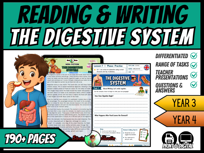 The Digestive System | Reading and Writing Bundle | Year 3 and 4