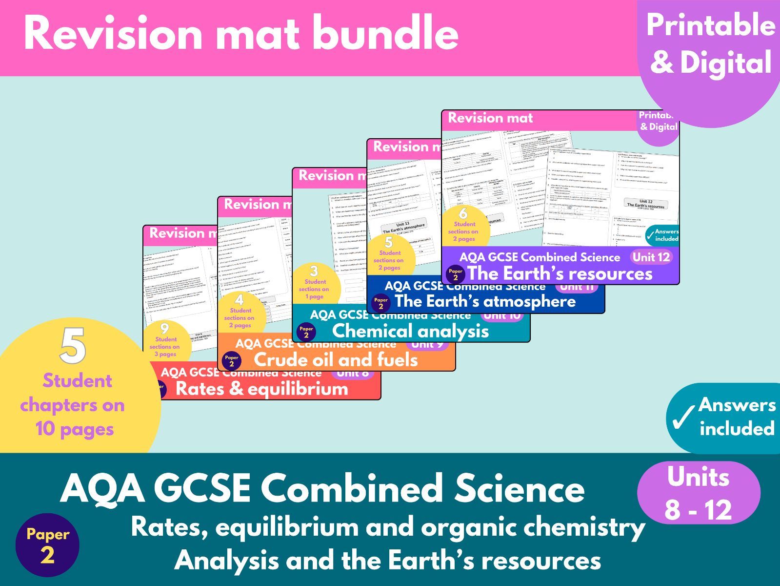 AQA GCSE Combined Science (Trilogy): Spec 5.6-5.10 (C8-12) Chemistry Paper 2 Printable and digital revision mat bundle including answers