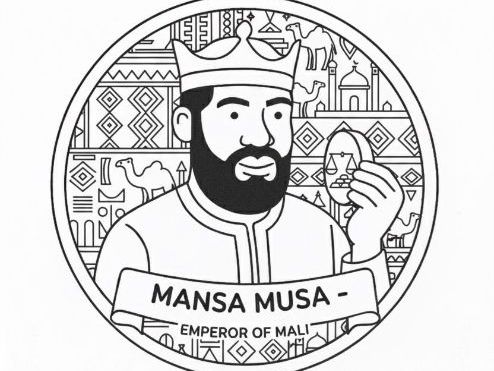 Mansa Musa Colouring Sheets: Gold Coin & Mosque