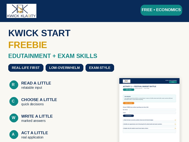 Economics Kwick Start Freebie | IGCSE GCSE | Edutainment + Exam Skills