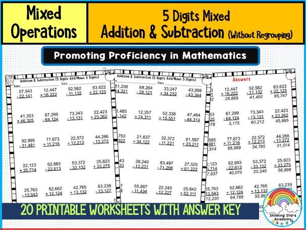 5-Digit Mixed Addition & Subtraction Without Regrouping Worksheets | No Borrowing or Carrying Practi