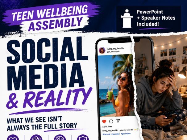 Social Media and Reality, Teen Wellbeing Assembly, PSHE PowerPoint, Speaker Notes, Online Safety