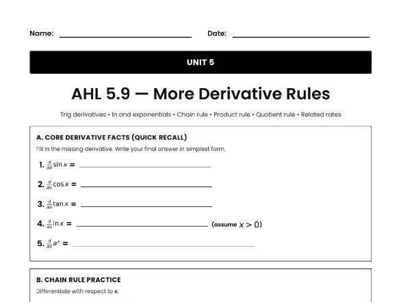 IB Math AI Worksheet AHL 5.9 - More Derivative Rules