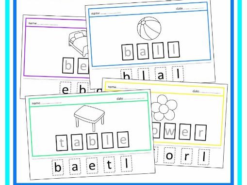 Nouns Large Print Cut & Stick Spelling Worksheets Autism SEND