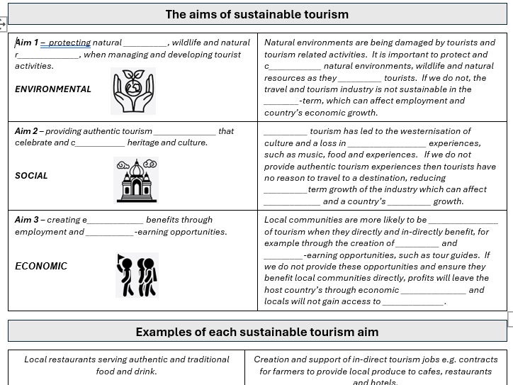Travel & tourism - aims of sustainable tourism worksheet