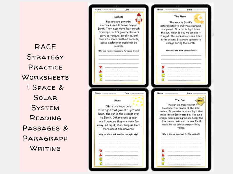 RACE Strategy Practice Worksheets | Space & Solar System Reading Passages & Paragraph Writing
