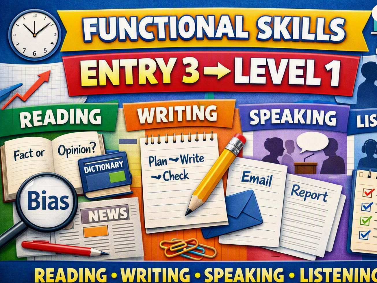 Functional Skills English Mega Bundle (E3–L1): Reading, Writing & Speaking/Listening – Formal/Informal, Text Types, Language Techniques & Full Skills Packs
