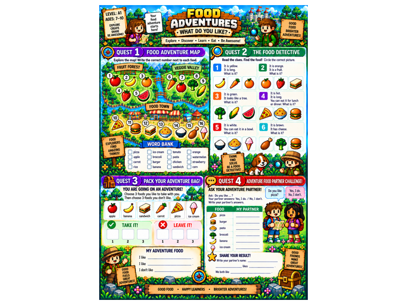 Food Adventures | A1 ESL Worksheet Pack | Food & Likes/Dislikes