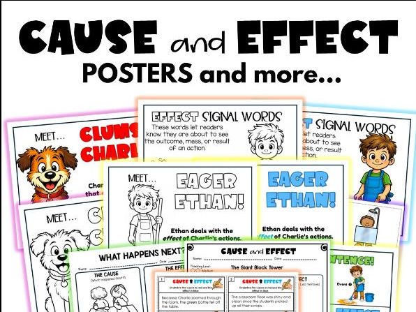 Cause and Effect Posters, Task Cards, and Worksheets Bundle for Kindergarten to Grade 2