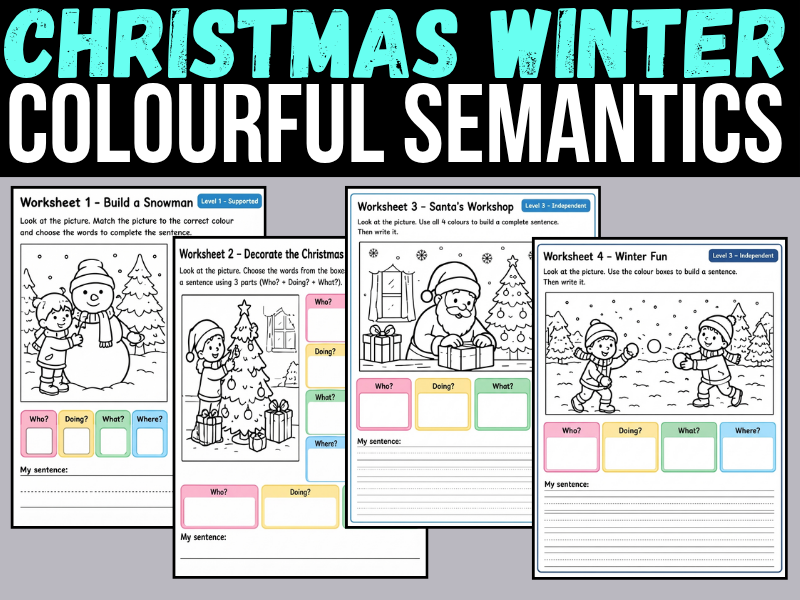 Christmas & Winter Colourful Semantics Sentence Building Worksheets & Picture Cards